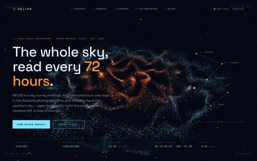 Pass 1 screenshot: the hero with the particle galaxy running and the constellation navigation drawn